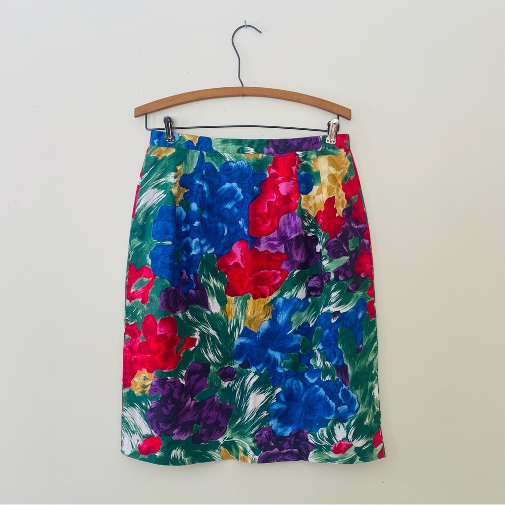 Vintage 80s Galinda Painted Floral Cotton Skirt 1980s Garden Party Bright M